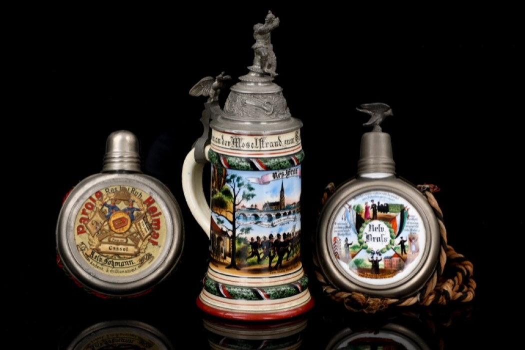 Imperial reservist's beer mug and two reservists' canteens