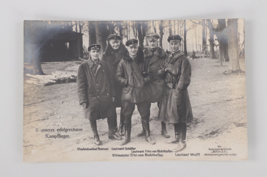 WWI postcard of five fighter pilots