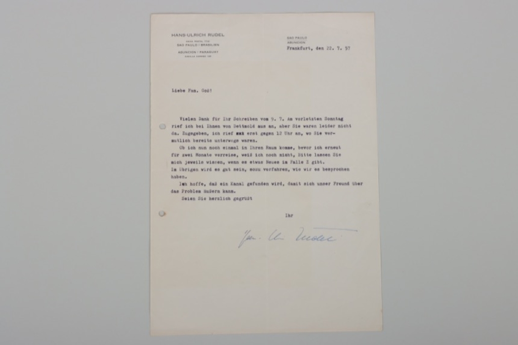 Rudel, Hans-Ulrich - postwar signed letter