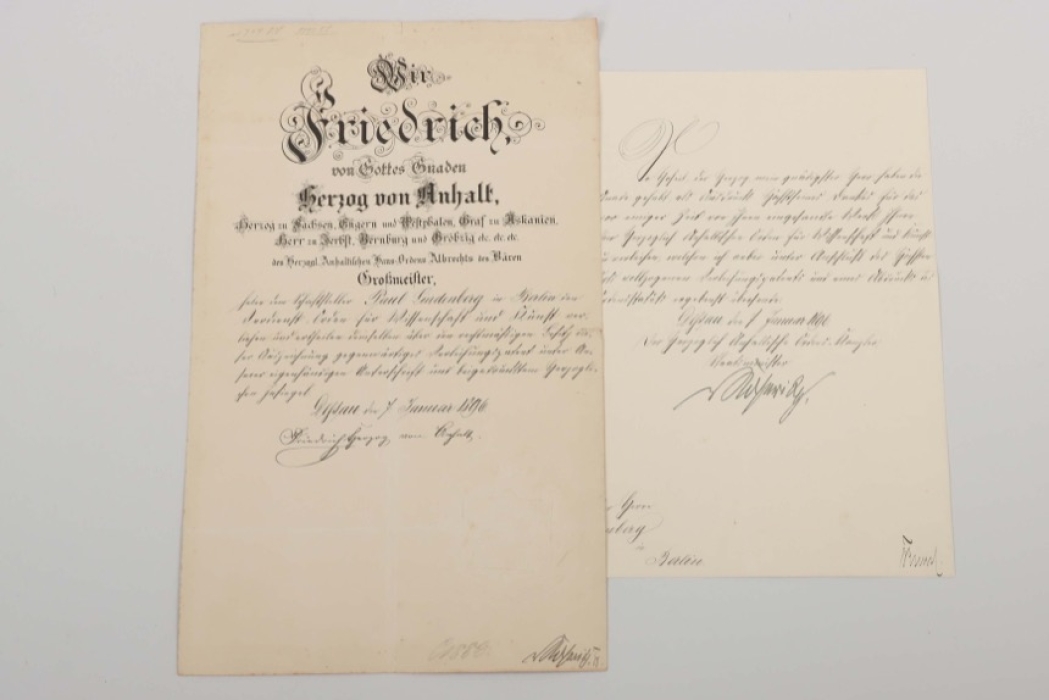 Anhalt - Lindenberg, Paul -  Verdienstorden für Wissenschaft und Kunst certificate