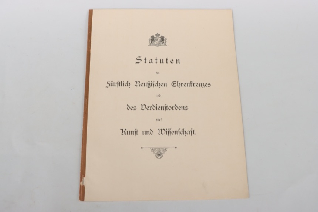 Reuss - Statutes to Fürstlich Reußischen Ehrenkreuz & the Verdienstorden für Kunst und Wissenschaft