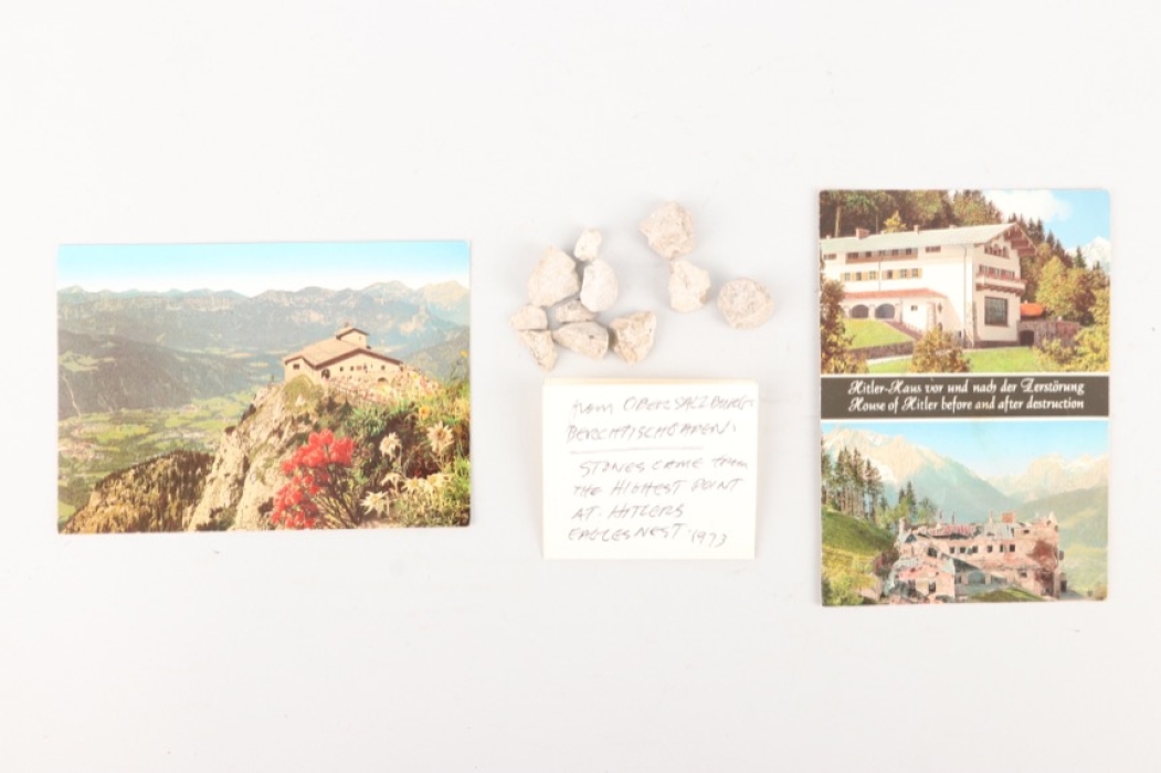 Postcards and rocks collected from the Eagles Nest