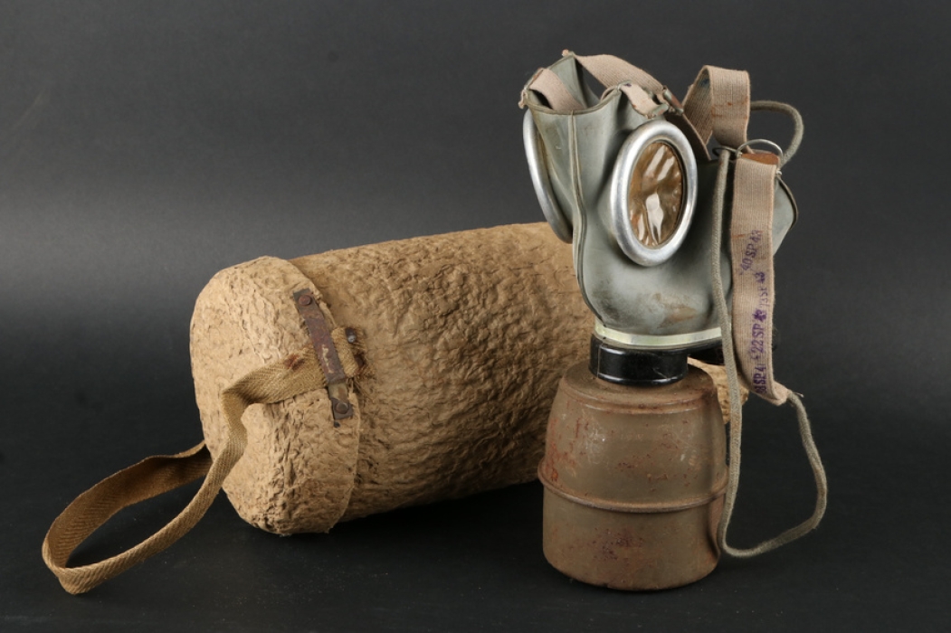 French WWII Gas Mask in Paper Mache Case